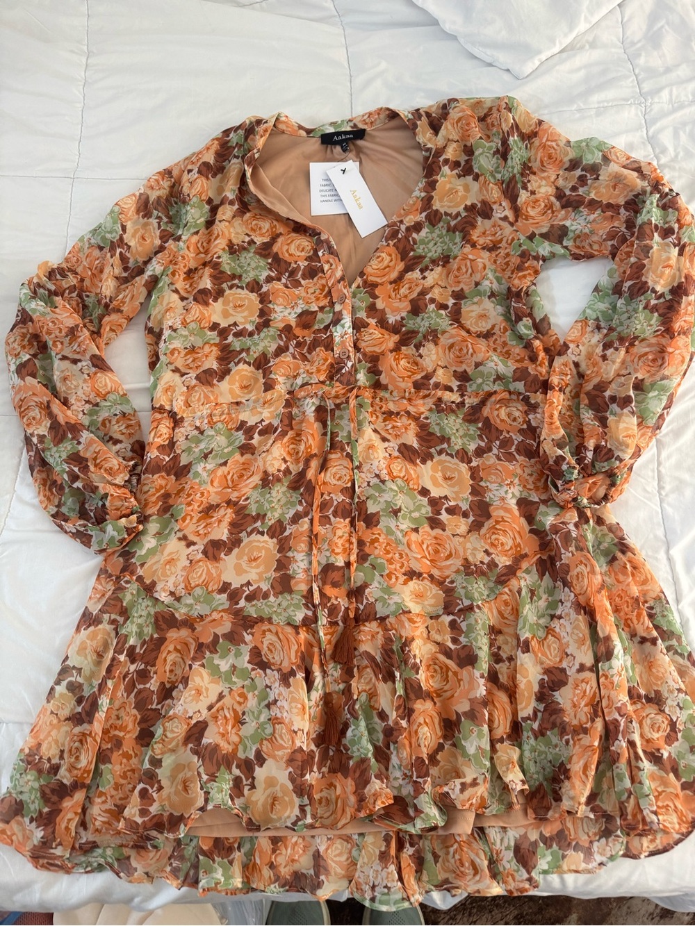 Aakaa Orange Floral Long Sleeve Tiered Dress with Green Accents